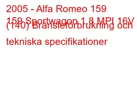 2005 - Alfa Romeo 159
159 Sportwagon 1.8 MPI 16V (140) Bränsleförbrukning och tekniska specifikationer