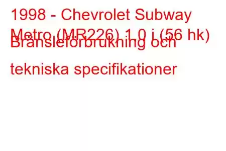 1998 - Chevrolet Subway
Metro (MR226) 1,0 i (56 hk) Bränsleförbrukning och tekniska specifikationer