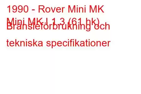 1990 - Rover Mini MK
Mini MK I 1.3 (61 hk) Bränsleförbrukning och tekniska specifikationer