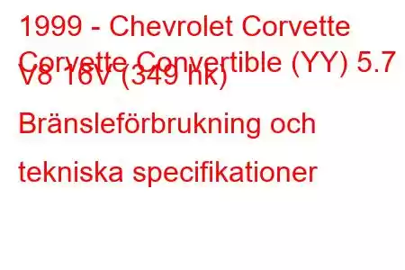 1999 - Chevrolet Corvette
Corvette Convertible (YY) 5.7 i V8 16V (349 hk) Bränsleförbrukning och tekniska specifikationer