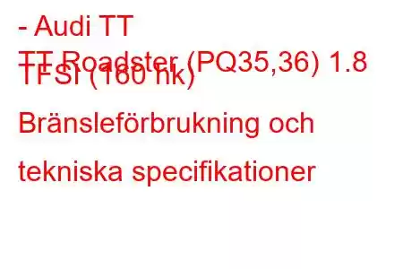 - Audi TT
TT Roadster (PQ35,36) 1.8 TFSI (160 hk) Bränsleförbrukning och tekniska specifikationer