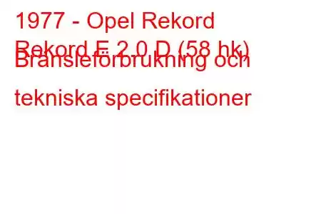 1977 - Opel Rekord
Rekord E 2.0 D (58 hk) Bränsleförbrukning och tekniska specifikationer