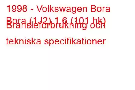 1998 - Volkswagen Bora
Bora (1J2) 1,6 (101 hk) Bränsleförbrukning och tekniska specifikationer