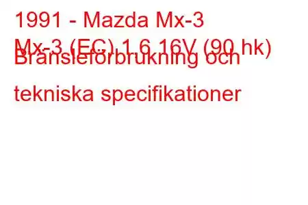 1991 - Mazda Mx-3
Mx-3 (EC) 1,6 16V (90 hk) Bränsleförbrukning och tekniska specifikationer