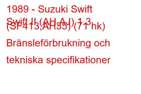 1989 - Suzuki Swift
Swift II (AH,AJ) 1.3 (SF413,AH35) (71 hk) Bränsleförbrukning och tekniska specifikationer