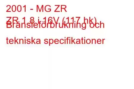 2001 - MG ZR
ZR 1.8 i 16V (117 hk) Bränsleförbrukning och tekniska specifikationer