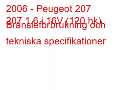 2006 - Peugeot 207
207 1.6 i 16V (120 hk) Bränsleförbrukning och tekniska specifikationer