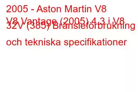 2005 - Aston Martin V8
V8 Vantage (2005) 4.3 i V8 32V (385) Bränsleförbrukning och tekniska specifikationer