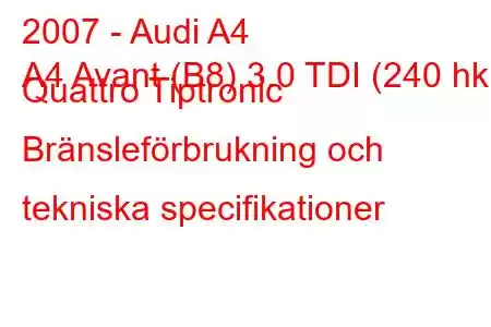 2007 - Audi A4
A4 Avant (B8) 3.0 TDI (240 hk) Quattro Tiptronic Bränsleförbrukning och tekniska specifikationer