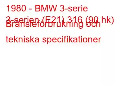 1980 - BMW 3-serie
3-serien (E21) 316 (90 hk) Bränsleförbrukning och tekniska specifikationer