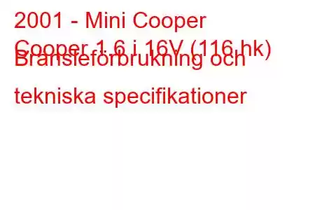 2001 - Mini Cooper
Cooper 1.6 i 16V (116 hk) Bränsleförbrukning och tekniska specifikationer