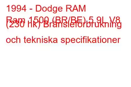 1994 - Dodge RAM
Ram 1500 (BR/BE) 5,9L V8 (230 hk) Bränsleförbrukning och tekniska specifikationer