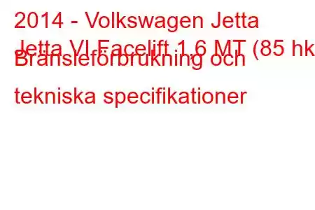 2014 - Volkswagen Jetta
Jetta VI Facelift 1,6 MT (85 hk) Bränsleförbrukning och tekniska specifikationer