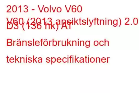 2013 - Volvo V60
V60 (2013 ansiktslyftning) 2.0 D3 (136 hk) AT Bränsleförbrukning och tekniska specifikationer