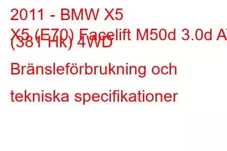 2011 - BMW X5
X5 (E70) Facelift M50d 3.0d AT (381 Hk) 4WD Bränsleförbrukning och tekniska specifikationer