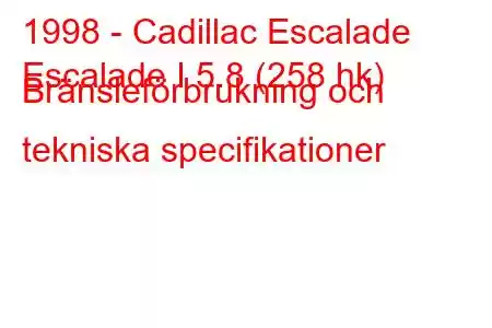 1998 - Cadillac Escalade
Escalade I 5.8 (258 hk) Bränsleförbrukning och tekniska specifikationer