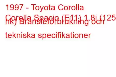 1997 - Toyota Corolla
Corolla Spacio (E11) 1.8i (125 hk) Bränsleförbrukning och tekniska specifikationer