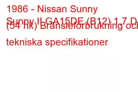 1986 - Nissan Sunny
Sunny II GA15DE (B12) 1,7 D (54 hk) Bränsleförbrukning och tekniska specifikationer