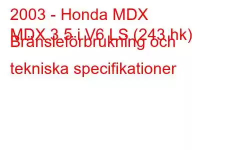 2003 - Honda MDX
MDX 3.5 i V6 LS (243 hk) Bränsleförbrukning och tekniska specifikationer