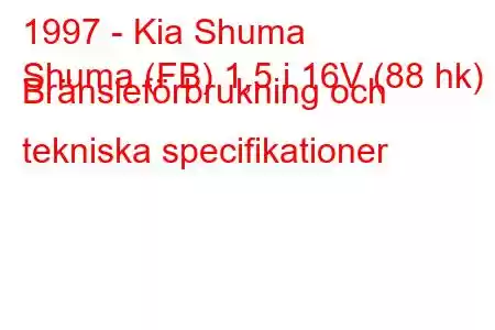 1997 - Kia Shuma
Shuma (FB) 1,5 i 16V (88 hk) Bränsleförbrukning och tekniska specifikationer