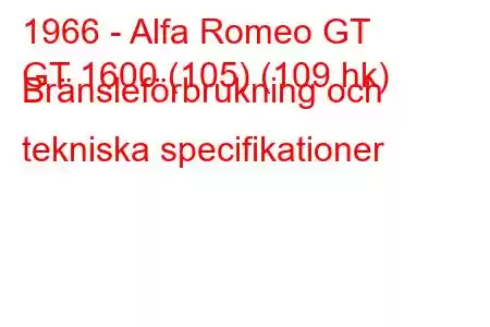 1966 - Alfa Romeo GT
GT 1600 (105) (109 hk) Bränsleförbrukning och tekniska specifikationer