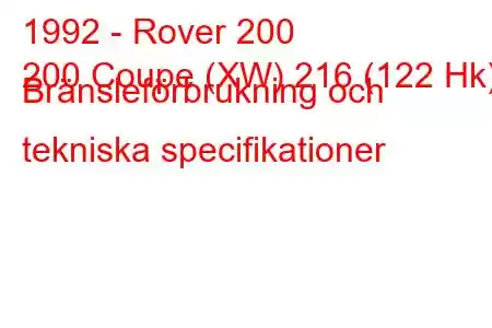 1992 - Rover 200
200 Coupe (XW) 216 (122 Hk) Bränsleförbrukning och tekniska specifikationer