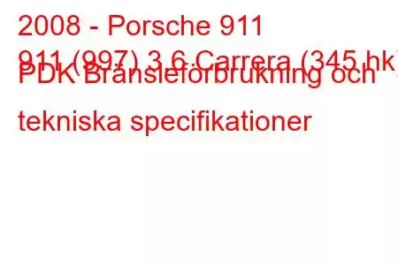 2008 - Porsche 911
911 (997) 3.6 Carrera (345 hk) PDK Bränsleförbrukning och tekniska specifikationer