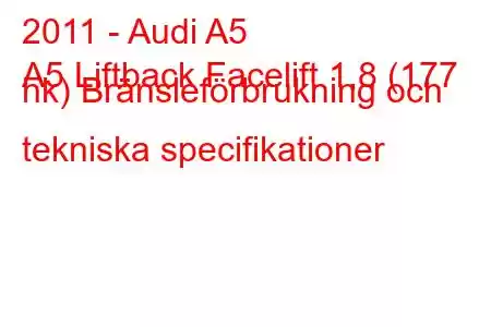 2011 - Audi A5
A5 Liftback Facelift 1,8 (177 hk) Bränsleförbrukning och tekniska specifikationer