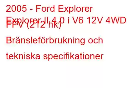 2005 - Ford Explorer
Explorer II 4.0 i V6 12V 4WD FFV (212 hk) Bränsleförbrukning och tekniska specifikationer