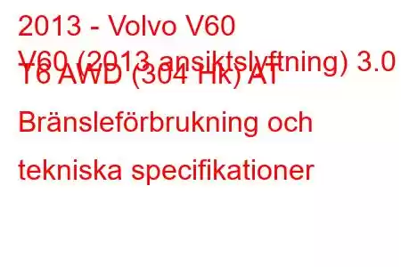 2013 - Volvo V60
V60 (2013 ansiktslyftning) 3.0 T6 AWD (304 Hk) AT Bränsleförbrukning och tekniska specifikationer