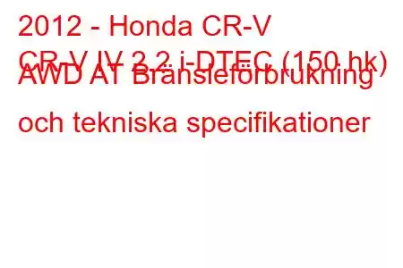 2012 - Honda CR-V
CR-V IV 2.2 i-DTEC (150 hk) AWD AT Bränsleförbrukning och tekniska specifikationer