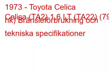 1973 - Toyota Celica
Celica (TA2) 1,6 LT (TA22) (79 hk) Bränsleförbrukning och tekniska specifikationer