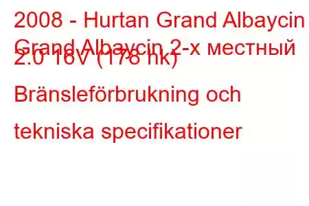 2008 - Hurtan Grand Albaycin
Grand Albaycin 2-х местный 2.0 16V (178 hk) Bränsleförbrukning och tekniska specifikationer