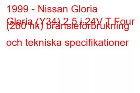 1999 - Nissan Gloria
Gloria (Y34) 2,5 i 24V T Four (260 hk) bränsleförbrukning och tekniska specifikationer