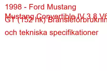 1998 - Ford Mustang
Mustang Convertible IV 3.8 V6 GT (152 hk) Bränsleförbrukning och tekniska specifikationer