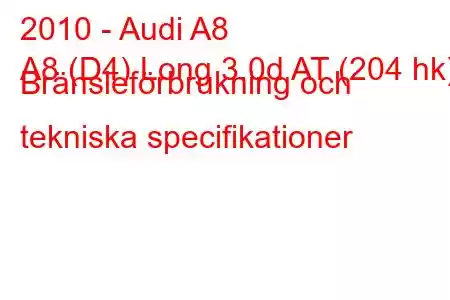 2010 - Audi A8
A8 (D4) Long 3.0d AT (204 hk) Bränsleförbrukning och tekniska specifikationer