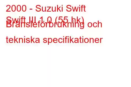 2000 - Suzuki Swift
Swift III 1.0 (55 hk) Bränsleförbrukning och tekniska specifikationer