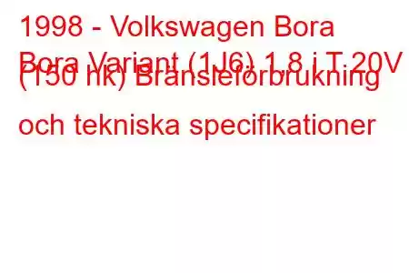 1998 - Volkswagen Bora
Bora Variant (1J6) 1,8 i T 20V (150 hk) Bränsleförbrukning och tekniska specifikationer