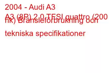 2004 - Audi A3
A3 (8P) 2.0 TFSI quattro (200 hk) Bränsleförbrukning och tekniska specifikationer