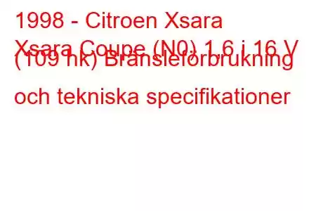 1998 - Citroen Xsara
Xsara Coupe (N0) 1,6 i 16 V (109 hk) Bränsleförbrukning och tekniska specifikationer