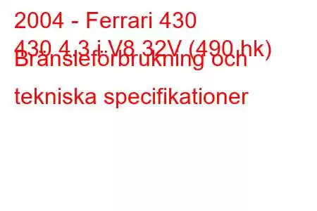 2004 - Ferrari 430
430 4.3 i V8 32V (490 hk) Bränsleförbrukning och tekniska specifikationer