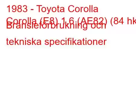 1983 - Toyota Corolla
Corolla (E8) 1.6 (AE82) (84 hk) Bränsleförbrukning och tekniska specifikationer