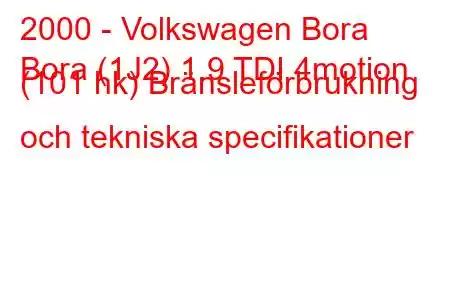 2000 - Volkswagen Bora
Bora (1J2) 1.9 TDI 4motion (101 hk) Bränsleförbrukning och tekniska specifikationer