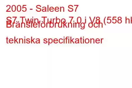 2005 - Saleen S7
S7 Twin Turbo 7.0 i V8 (558 hk) Bränsleförbrukning och tekniska specifikationer