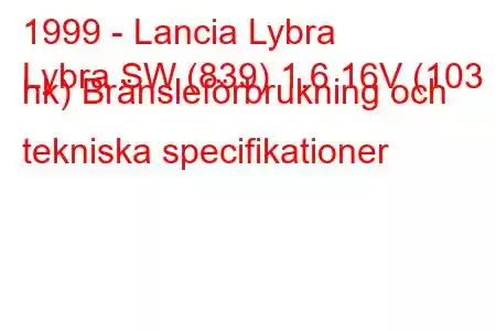 1999 - Lancia Lybra
Lybra SW (839) 1,6 16V (103 hk) Bränsleförbrukning och tekniska specifikationer