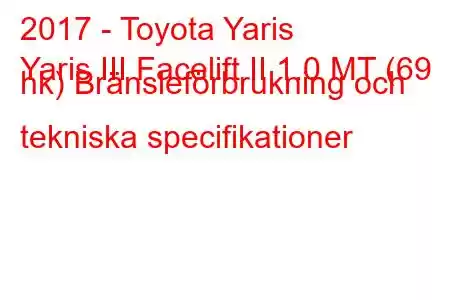 2017 - Toyota Yaris
Yaris III Facelift II 1.0 MT (69 hk) Bränsleförbrukning och tekniska specifikationer