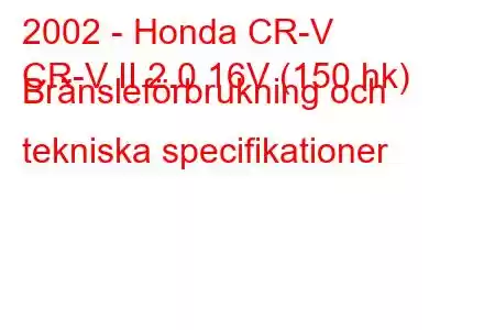 2002 - Honda CR-V
CR-V II 2.0 16V (150 hk) Bränsleförbrukning och tekniska specifikationer