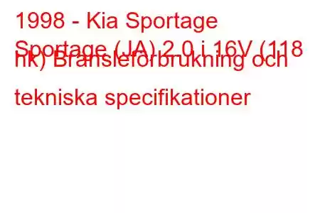 1998 - Kia Sportage
Sportage (JA) 2.0 i 16V (118 hk) Bränsleförbrukning och tekniska specifikationer