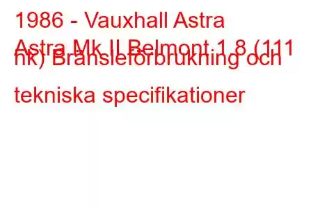 1986 - Vauxhall Astra
Astra Mk II Belmont 1.8 (111 hk) Bränsleförbrukning och tekniska specifikationer