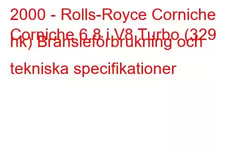 2000 - Rolls-Royce Corniche
Corniche 6.8 i V8 Turbo (329 hk) Bränsleförbrukning och tekniska specifikationer